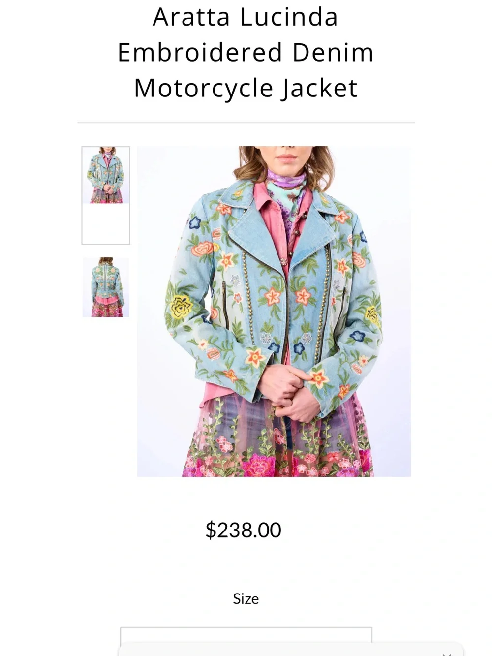 Sold out AR.NWT $240 Aratta Lucinda Embroidered Denim Light Blue Floral Moto - Picture 4 of 4